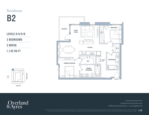 A floor plan for a residence B2 by Overland shows two bedrooms and two baths.